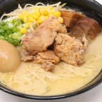 Chicken Ramen Deluxe · Clear and rich chicken soup and salt flavor. 3 pieces of karaage, 2 pieces of kakuni (pork b...