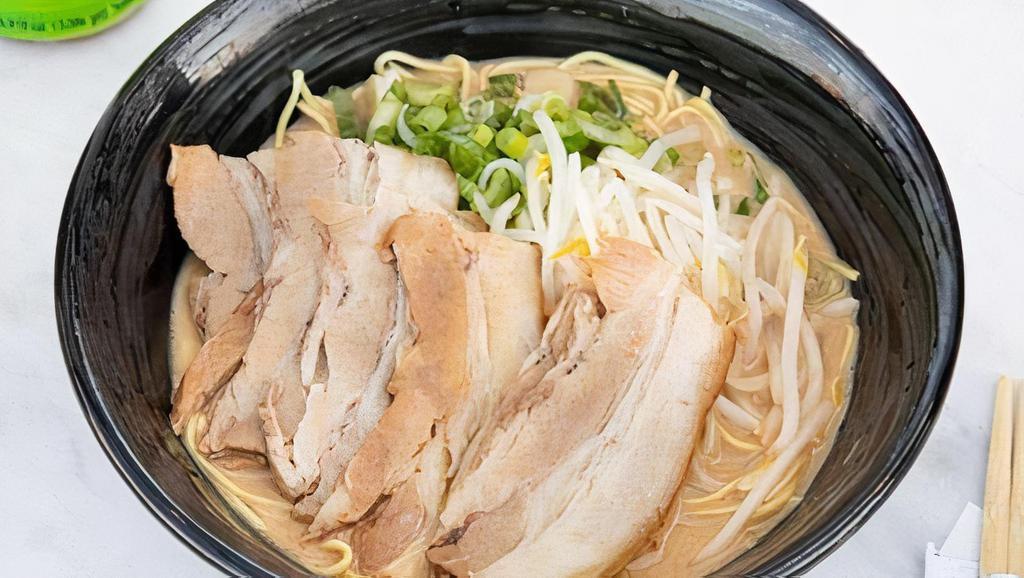 Tokushima Ramen with Extra Chashu · Rich pork broth and sweet soy sauce flavor. 6 pieces of chashu, green onion, and bean sprout.