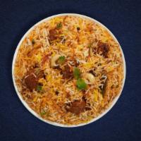 Goat Goby Biryani · Goat cooked with Indian spices and basmati rice. Served with house raita.