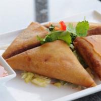 J2 Golden Triangles ''Thai Samosas'' · Crispy on the outside with a pumpkin, potato, curry filling