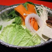Traditional Vegetable Plate · Nappa Cabbage, Spinach, Carrots, Enoki Mushrooms, Shiitake Mushroom, Malony Noodle.