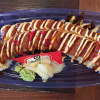 Red Dragon Roll · Imitation crab salad mix, spicy tuna, avocado, sesame seeds, sushi rice, seaweed, fish roe, ...
