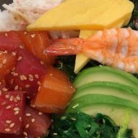 Poke Bowl · Fresh tuna, salmon, imitation crab salad mix, avocado, cucumber, sushi rice, kale quinoa sal...