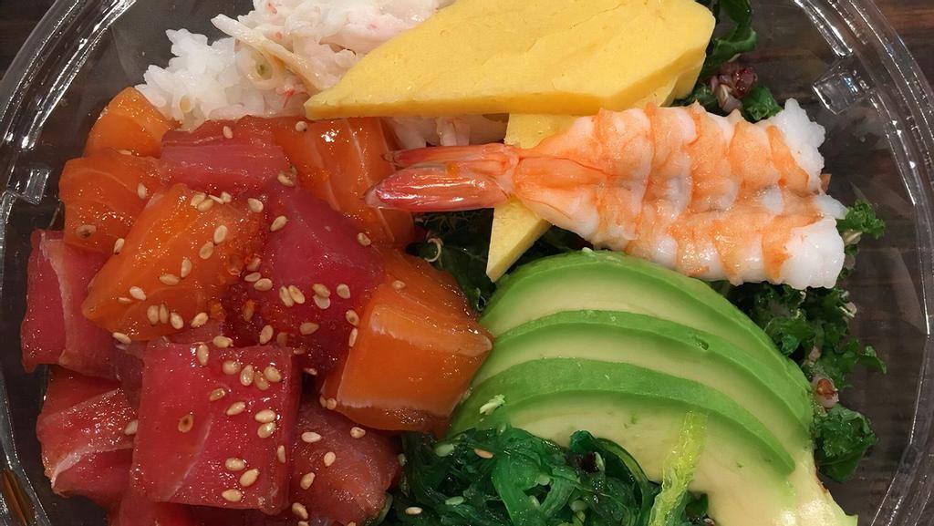 Poke Bowl · Fresh tuna, salmon, imitation crab salad mix, avocado, cucumber, sushi rice, kale quinoa salad, seaweed salad, egg crepe, sesame seeds.

Consuming raw or undercooked meats, poultry, seafood, shellfish, or eggs may increase the risk of foodborne illness espencially if you have certain medical conditions.