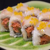 Ninja Roll · Spicy. Inside: spicy tuna, cucumber and jalapeno; outside: hamachi and yellow tobiko.