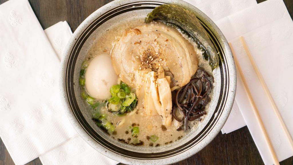 Orenchi Ramen (Tonkotsu Broth) · Soft boiled seasoned egg, pork , green onion , bamboo shoots , kikurage (mushrooms), sesame, and nori seaweed.