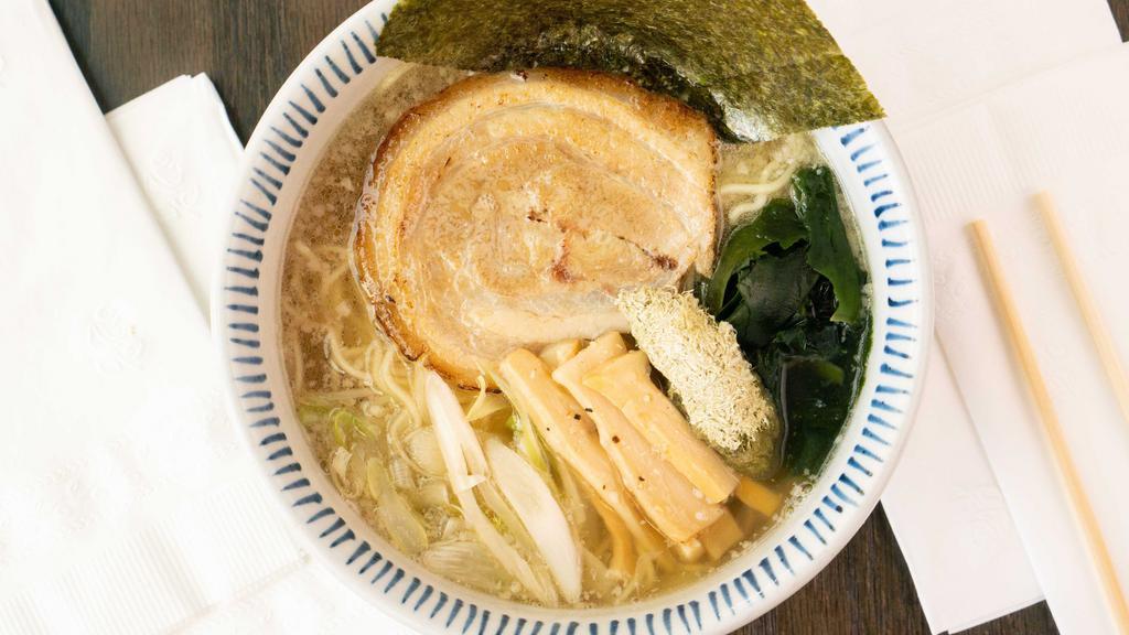 Shio Ramen (Salt Base) · Pork, Tokyo negi, bamboo shoots, wakame seaweed, tororo seaweed, and nori seaweed.