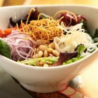 Orenchi Salad · Vegetarian.
Come with spring mix, cabbage, red cabbage, cherry tomatoes, baby corn, tofu, an...