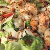 Miramonte Salad with Grilled Prawns · Grilled prawns, romaine lettuce, cherry tomatoes, toasted almonds, bacon crumble, swiss and ...
