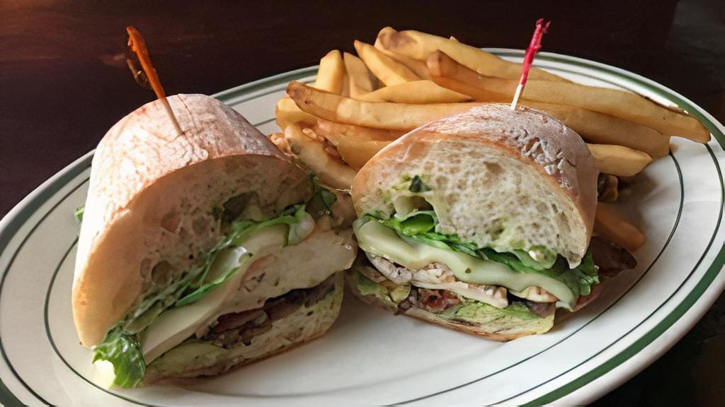 Chipotle Grilled Chicken Sandwich · Boneless grilled chipotle glazed breast of chicken, jalapeño cheese, lettuce, green chili peppers, avocado, habañero ranch aioli, toasted ciabatta roll.