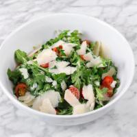 Arugula Salad · arugula, cherry tomatoes, shaved parmesan, lemon vinaigrette (dressing on side) (GF, veg, ke...