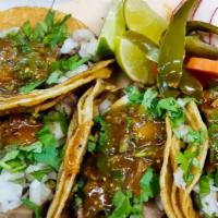 Tacos · A soft delicious tortilla with your choice of meat. The Cilantro, Onions and Salsa adds the ...