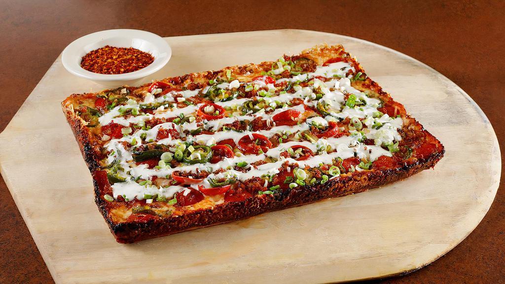 Detroit Firehouse · Pepperoni, bacon, jalapeños, green onions, choice of honey or ranch drizzle.