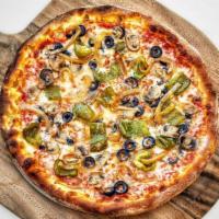Veggie Thin Pizza · roasted green peppers, sautéed mushrooms, caramelized onions, black olives.