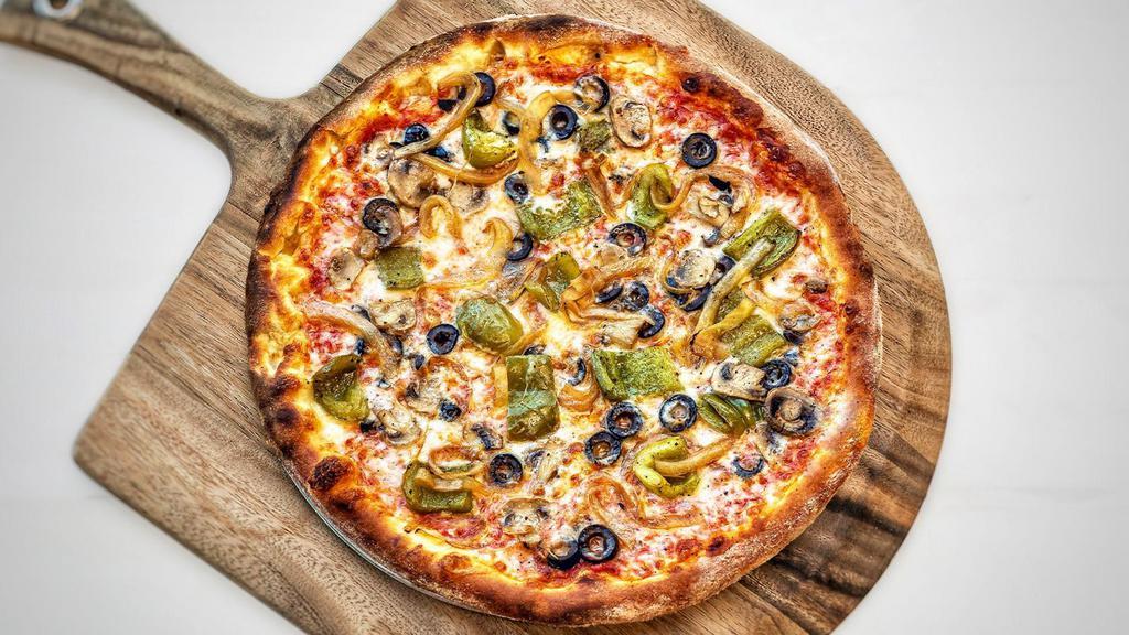 Veggie Thin Pizza · roasted green peppers, sautéed mushrooms, caramelized onions, black olives.
