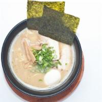 Tonkotsu Shoyu Ramen · Thick noodle, chicken and pork bone broth, egg, pork chashu, green onion, bamboo shoots, sea...