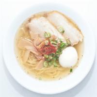 Shio Ramen · Thick noodle, chicken broth, egg, pork chashu, green onion, bamboo shoots.