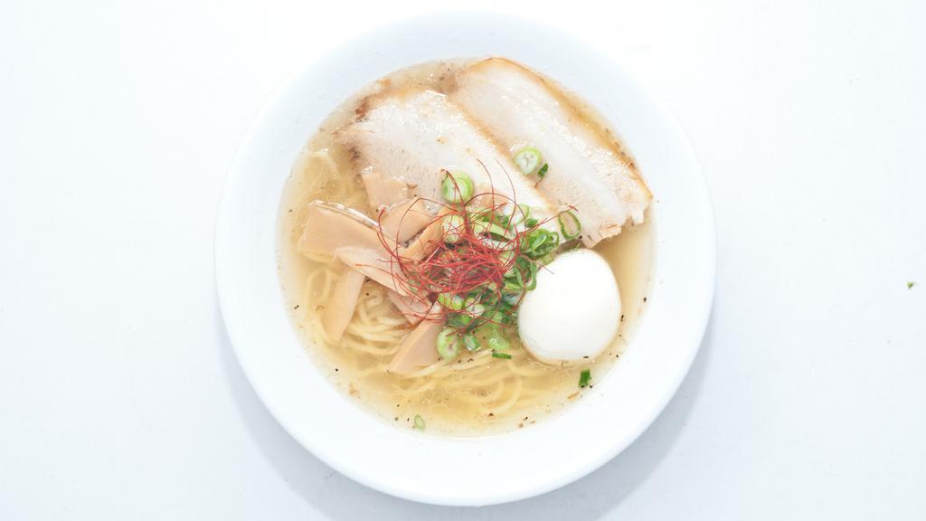 Shio Ramen · Thick noodle, chicken broth, egg, pork chashu, green onion, bamboo shoots.
