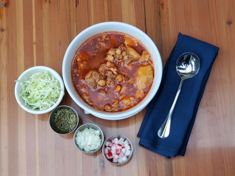 POZOLE :: · Traditional Mexican soup, with hominy and our house-made carnitas. Served with radish, oregano, cabbage, and onion.