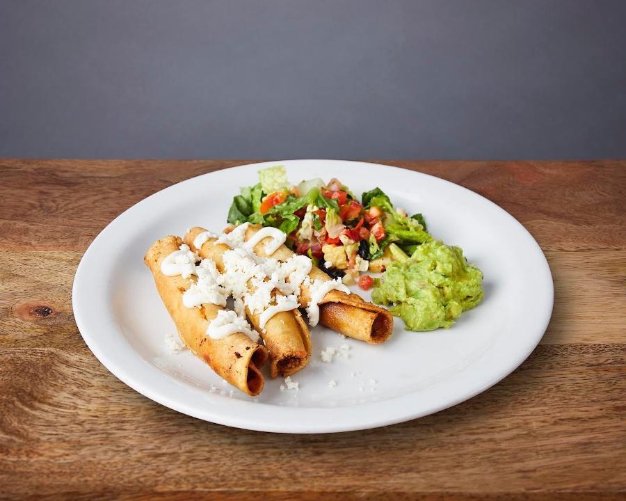 FLAUTAS :: · 3 crunchy rolled tacos topped with queso fresco and crema. Served with a side salad with guacamole.