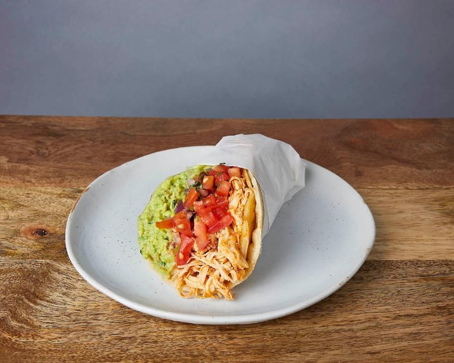 NICK'S WAY POLLO :: · One taco with a grilled crispy corn tortilla wrapped in a soft corn tortilla. With Jack cheese, pinto beans, pico de gallo, & guacamole