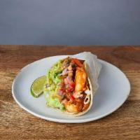 NICK'S WAY SHRIMP TACO :: · Marinated shrimp in a crispy tortilla wrapped in a soft tortilla. With Jack cheese, guacamol...