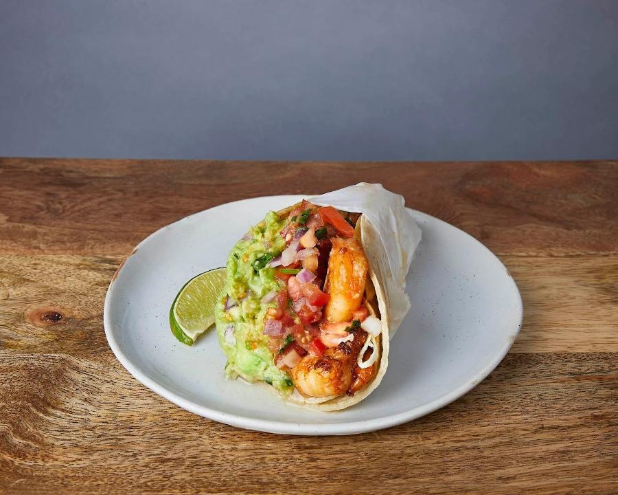 NICK'S WAY SHRIMP TACO :: · Marinated shrimp in a crispy tortilla wrapped in a soft tortilla. With Jack cheese, guacamole, cilantro, cabbage, red onions, & tomatillo salsa