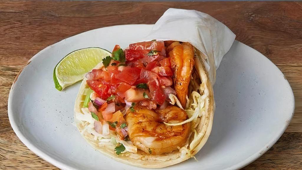 SHRIMP TACO :: · Marinated shrimp in soft corn tortillas with cilantro, cabbage, red onions, pico de gallo, & tomatillo salsa