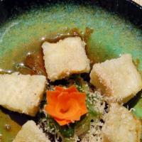 Agedashi Tofu · Crispy deep fried tofu den dashi sauce.