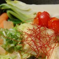 Veggie Ramen · Japanese myojo vegan ramen. Soy miso shitaki broth, fried tofu. Tomato. Bamboo, bok-choy. Ca...