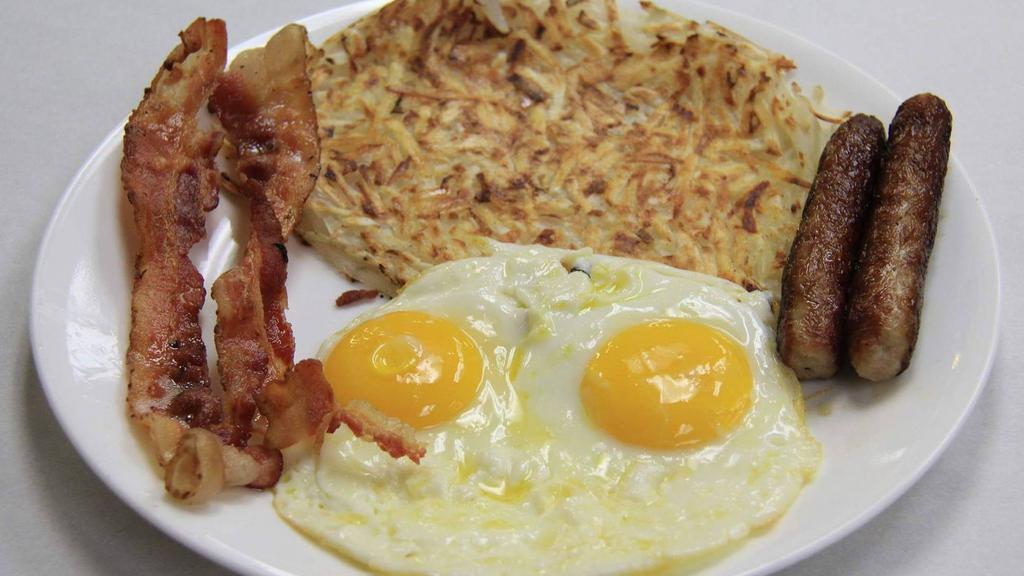 1. Basic Breakfast · Two eggs, two sausages, and ham or bacon served with hash browns and toast.