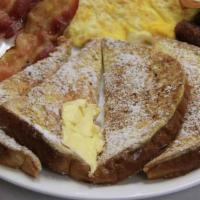 3. French Toast · Two bacons, two sausages, and two eggs.