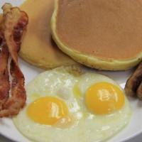 2. Golden Pancakes · Two eggs, two bacons, and two sausages.
