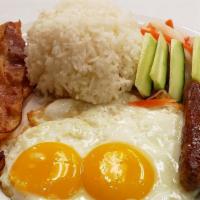 17. B.E.S · Two bacons, two sausage links, two eggs with stream rice.