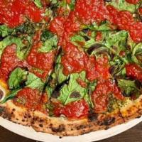 Vegan Pesto Pizza · Pistachio pesto, spinach, tomato sauce.