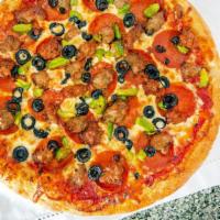 3. Combination Special · Salami, pepperoni, fresh mushrooms, green peppers, linguica, black olives, Italian sausage, ...