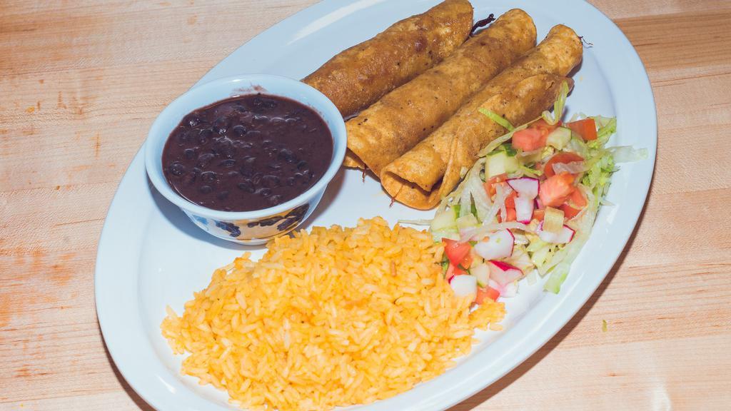 Flautas · Three crispy taquitos served with rice, beans, and salada with cheese and sour cream.
