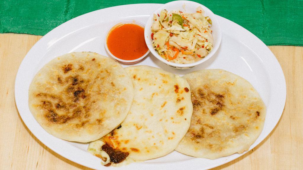 Pupusas · Choice of pork, beans and cheese or beans, and cheese, cheese only. Come with coleslaw and tomato sauce on the side.