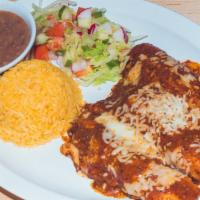 Enchiladas · Beef or chicken served with rice, beans and salada, choice of green or red salsa.