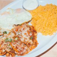 Chilaquiles · Red or green salsa, with rice sour cream and three eggs al gusto.
