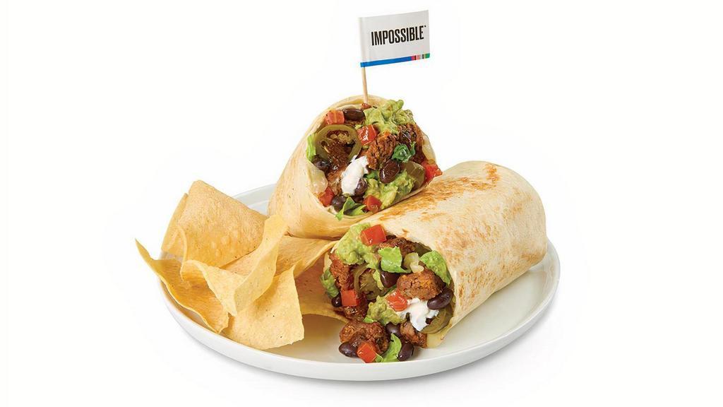 Fuego Impossible™ Burrito · Melted jack cheese, guacamole, black beans, delicious Impossible meat made from plants, Diablo salsa, Six Chiles salsa, Pico de Gallo, pickled jalapenos, shredded lettuce and sour cream.