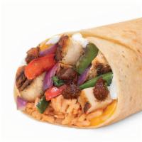 Burrito Ultimo · Your choice of protein with roasted veggies, Baja rice, cheese and sour cream with salsa baja.