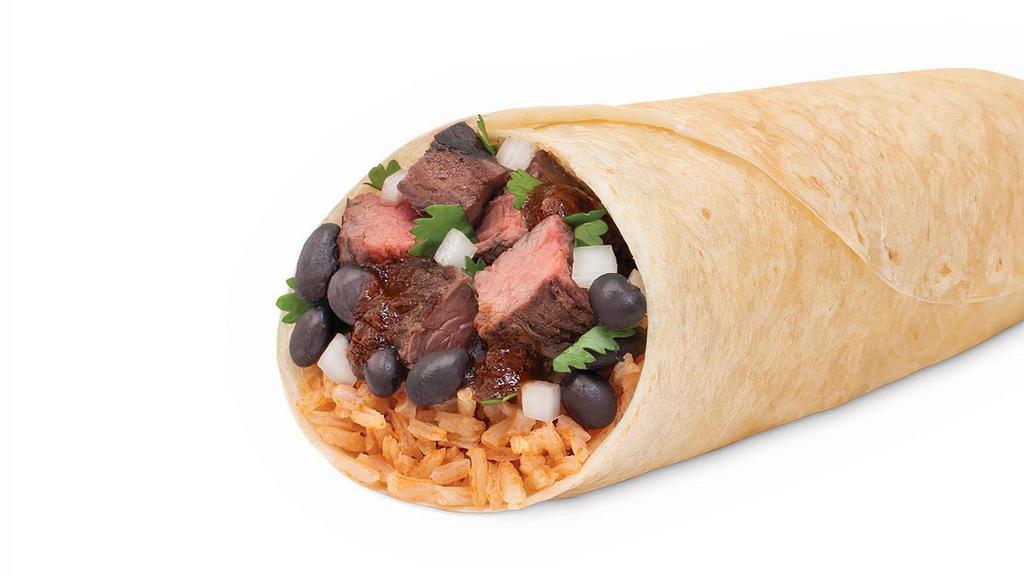 Mexicano Burrito · Your choice of protein with Baja rice, choice of black beans or pinto beans, hot or mild salsa, onion & cilantro mix.