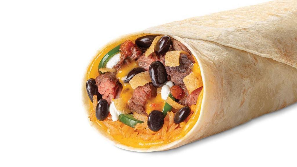 Nacho Burrito · Your choice of protein with queso, tortilla strips, black, pinto or mixed beans, rice, cheese, jalapenos, salsa 6 chiles and sour cream.