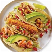 Seafood Tacos · Grilled Seafood: topped with sliced fresh avocado, shredded cabbage, avocado salsa, & pico d...