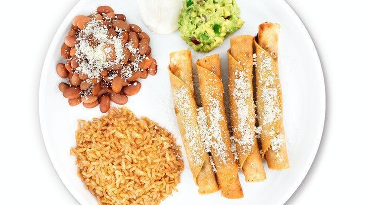 Chicken Taquitos · Four chicken taquitos served with Baja rice, choice of black or pinto beans, sour cream, guacamole and Cotija cheese.