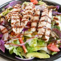 Baja Bbq Chicken Salad · Hand tossed fresh salad greens and kale, onion, bell pepper, jicama and tortilla strips, roa...