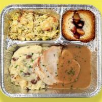 TV Dinner Roasted Turkey · roasted turkey breast served with housemade gravy, mashed potatoes, sweet corn and celery + ...