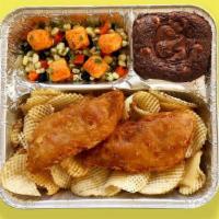 Tv Dinner Fish N Chips · beer-battered on waffle-cut potato chips served with sweet potato tot + white corn succotash...