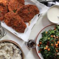 Fried Chicken Meal · Five hand-dipped buttermilk boneless chicken breasts, red skin potato mash, white gravy, spi...